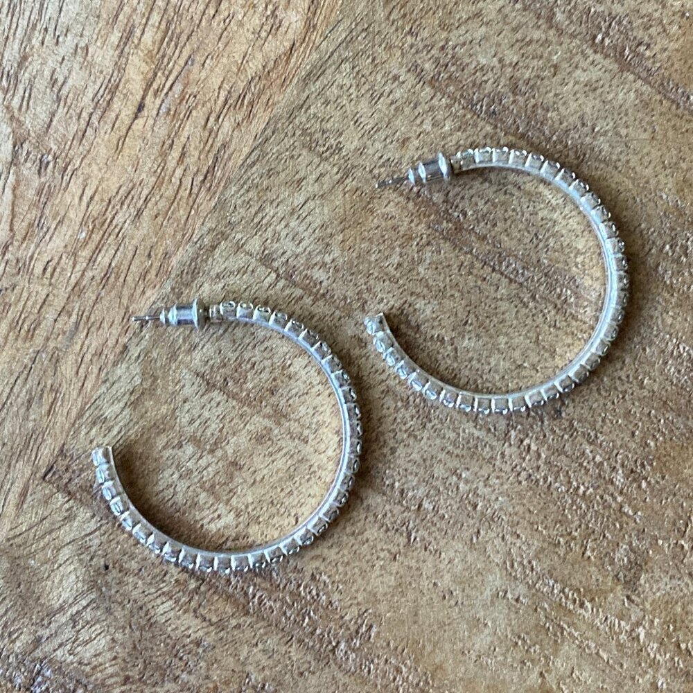 Silvertone Rhinestone Hoop Earrings - Picture 7 of 10